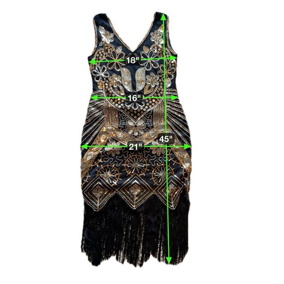 Retro Flapper Dress L Sequin Showgirl Black Fringe Roaring 20s Gatsby Burlesque - Picture 11 of 12